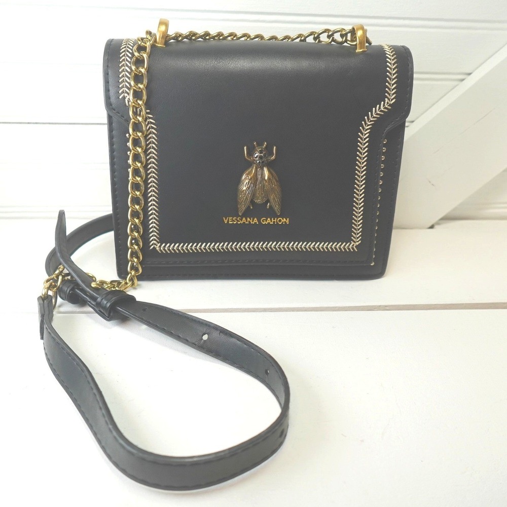 Vessana Gahon Bee Crossbody Purse Black & White Gold Charm Faux Leather Mini Bag